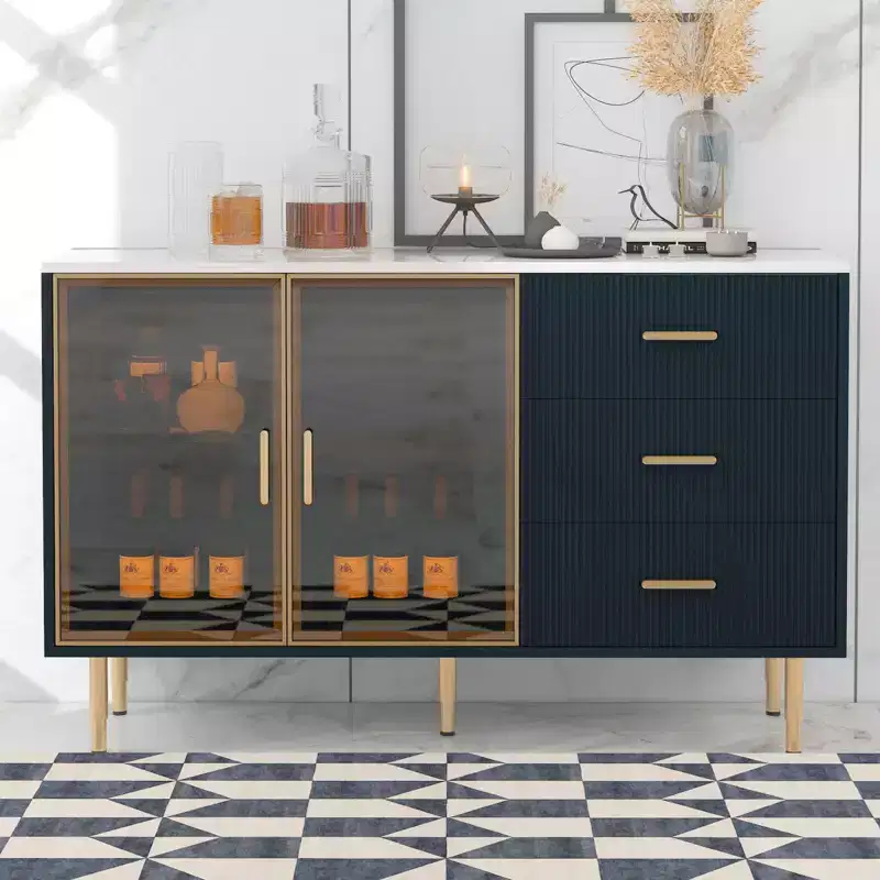 Modern Wood Buffet Sideboard Table with Marble Sticker Tabletop and Tempered Glass Doors with Gold Metal Legs & Handles (Navy Blue)