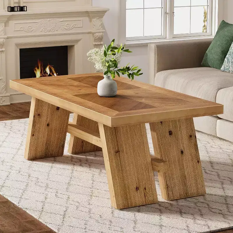 47" Solid Wood Farmhouse Coffee Table with Geometric Wood Grain Pattern, Brown