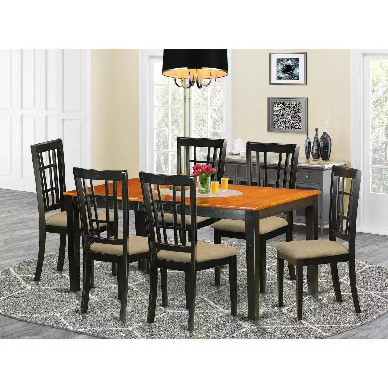 Dining Room Table Set 7 Piece - Rectangular Table with Butterfly Leaf & 6 Kitchen Chairs - Black & Cherry Finish