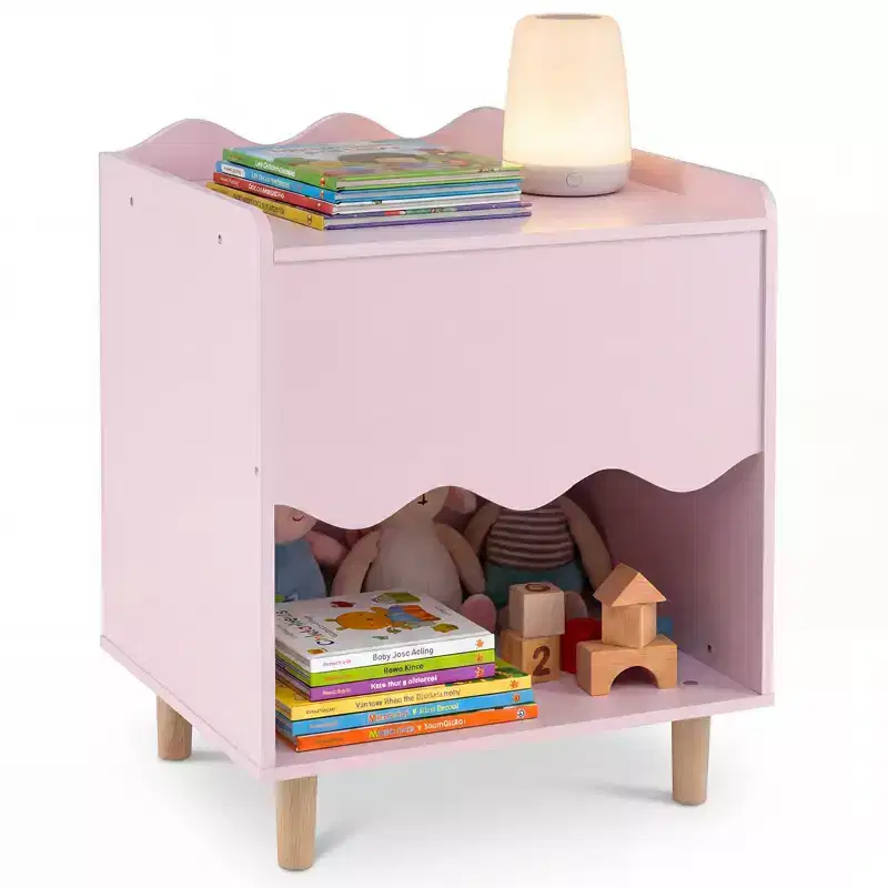 Costway Kids Nightstand, Toddler Scalloped Side Table with Wide Top & Open Compartment Pink/White