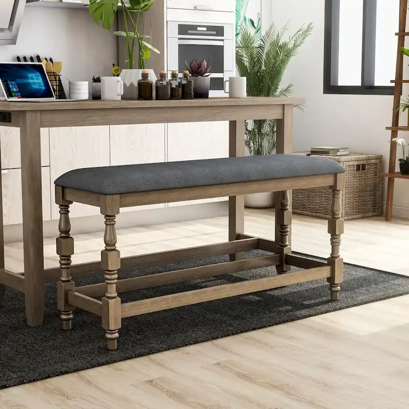 50-Inch Farmhouse Counter Height Upholstered Bench with Turned Legs