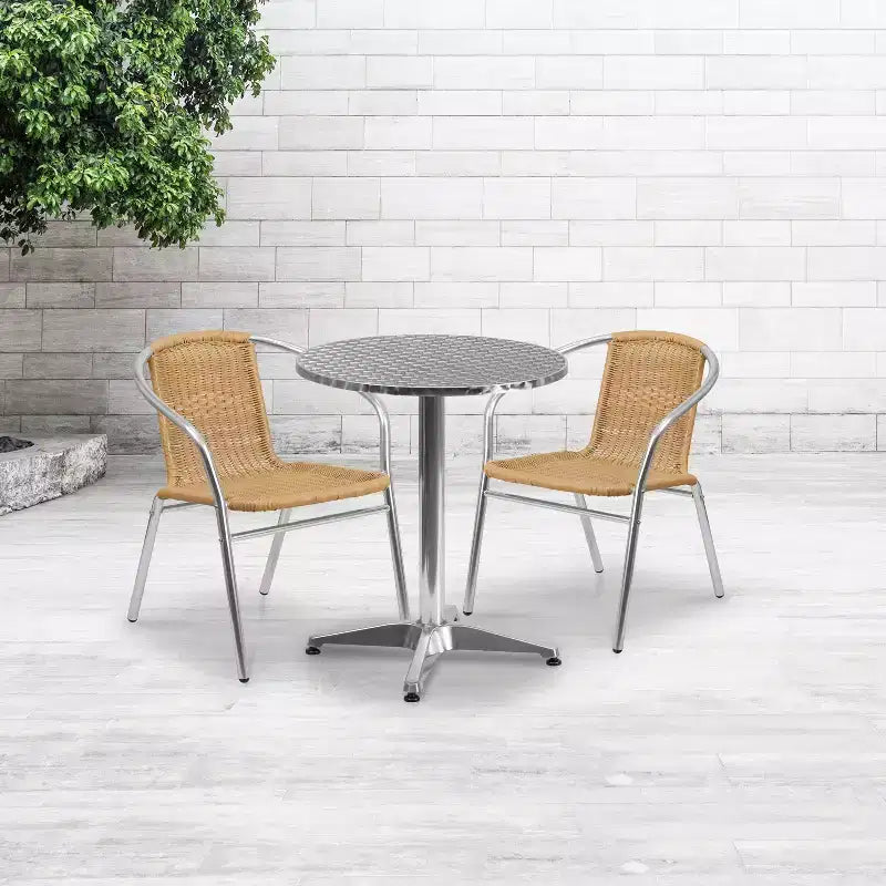 Emma and Oliver 23.5 Round Aluminum Garden Patio Table Set with 2 Rattan Chairs