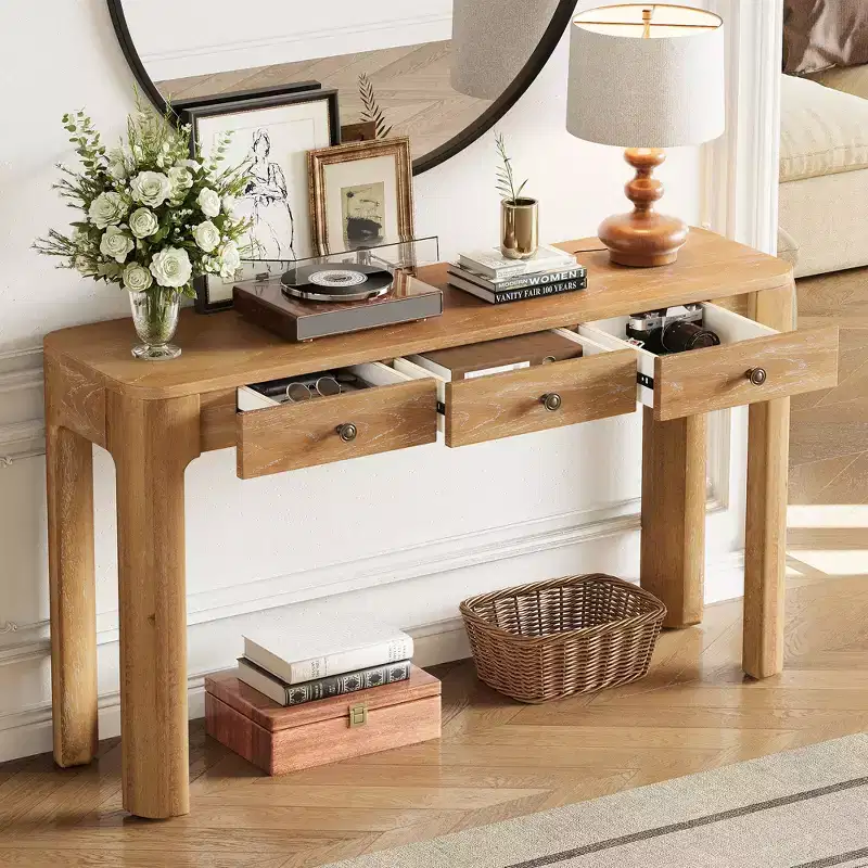 JVNOXK 52-inch Rustic-Style Thick-Leg Console Table with 3 Hidden Drawers Rounded-Edge Entryway Table for Living Rooms Natural Wood Finish