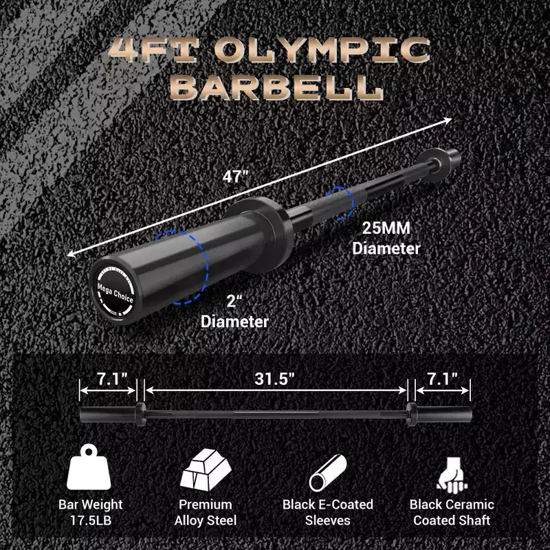 4FT Barbell Weight Bar 500lbs Capacity, 47 EZ Curl Bar Workout Barbell Fit 2'' Standard Weights, Steel Straight Weight Bar