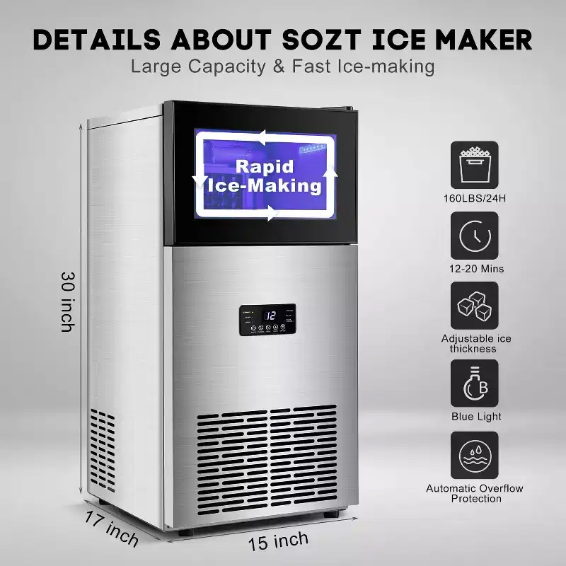 Hooure 15-Inch Commercial Ice Maker - 160 lbs/24H Production, 35 lbs Storage Bin