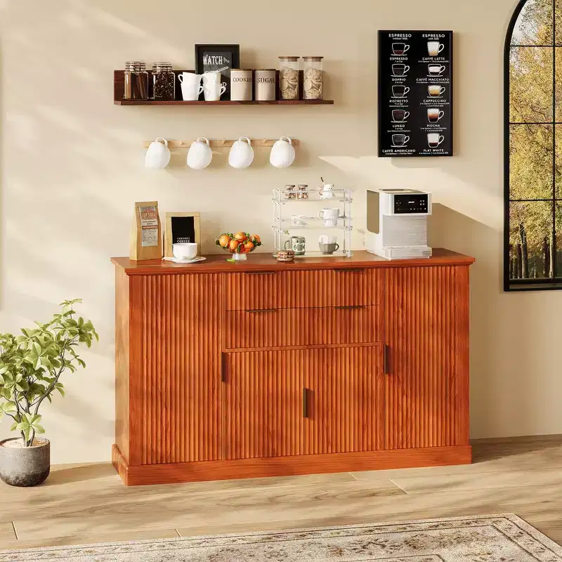 58-Inch Fluted Sideboard Buffet Cabinet with Gold Handles, 4 Doors 2 Drawers
