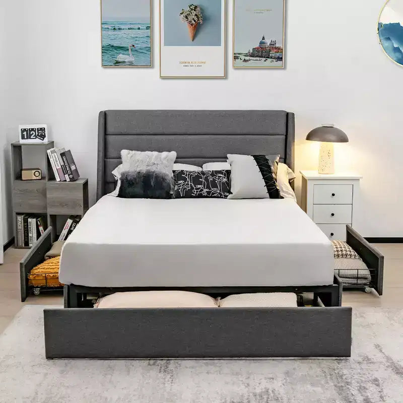 Costway Platform Bed Frame with 3 Storage Drawers Mattress Foundation Grey