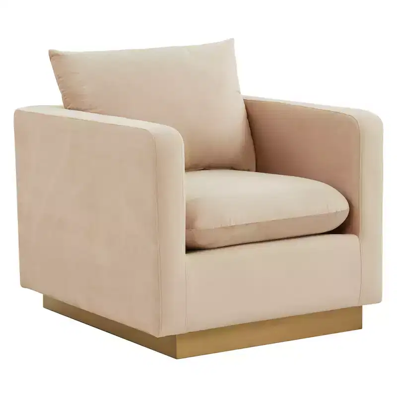 LeisureMod Nervo Velvet Accent Arm Chair  Upholstered Seating with Gold Stainless Steel Frame, Modern Design for Living Room, Office & Lounge