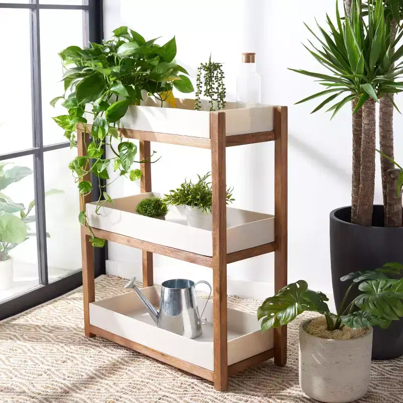 3-Tier Indoor Outdoor Storage Shelf Acacia Wood Sandstone Beige Grey