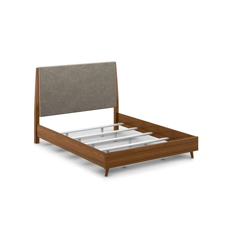 Walnut & Silt Upholstered Queen Bed, Mid-Century Style, Fits 2