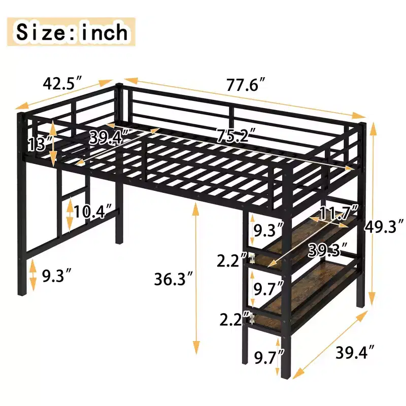 Black Twin Size Metal Loft Bed with Storage Shelf Loft Bed with Easy Climbing Ladder and Guardrails for Kids