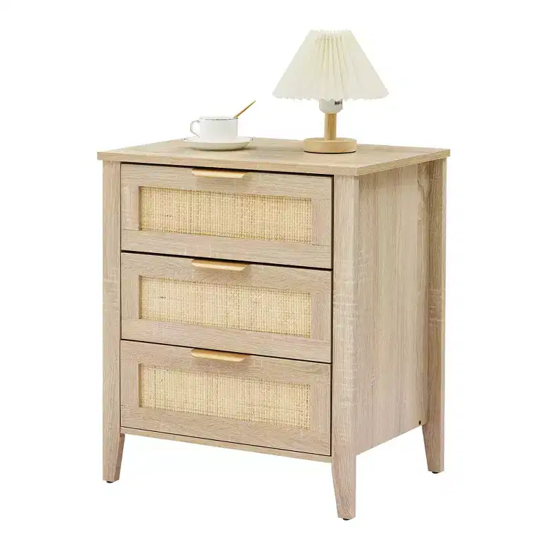 Acekool Rattan Nightstand, 3 Drawer Boho Bedside Table, Modern Storage, Wood Legs, for Bedroom or Living Room, Natural