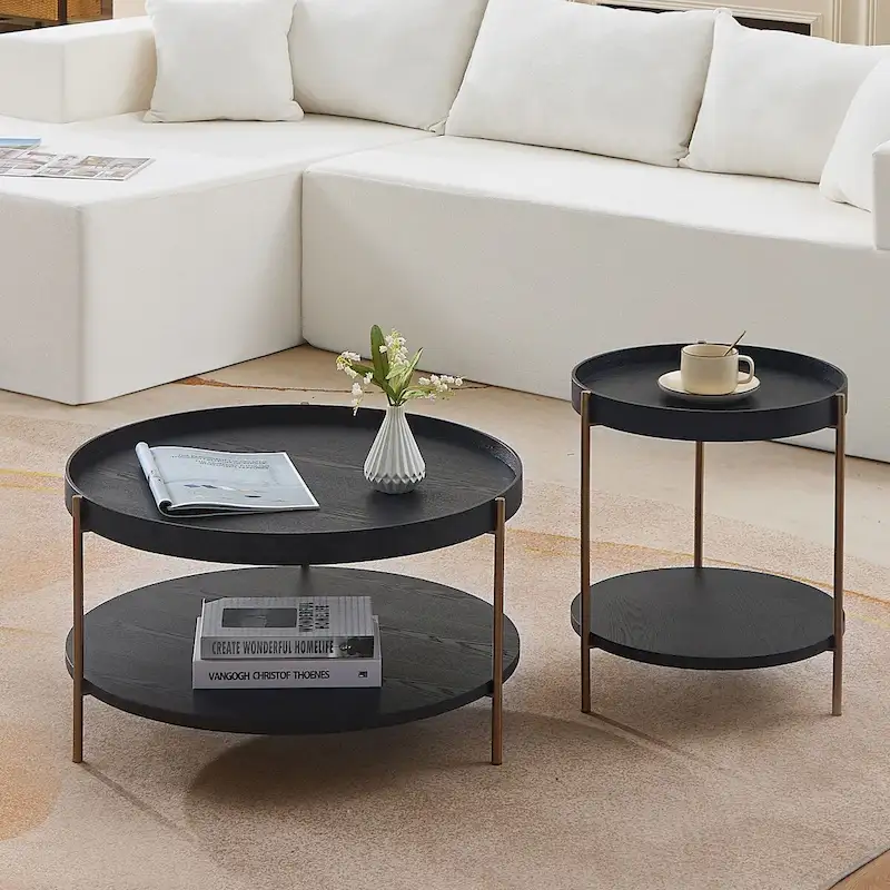 Set of 2 Modern 2 Tier Round Nesting Storage Coffee Table Set for Living Room
