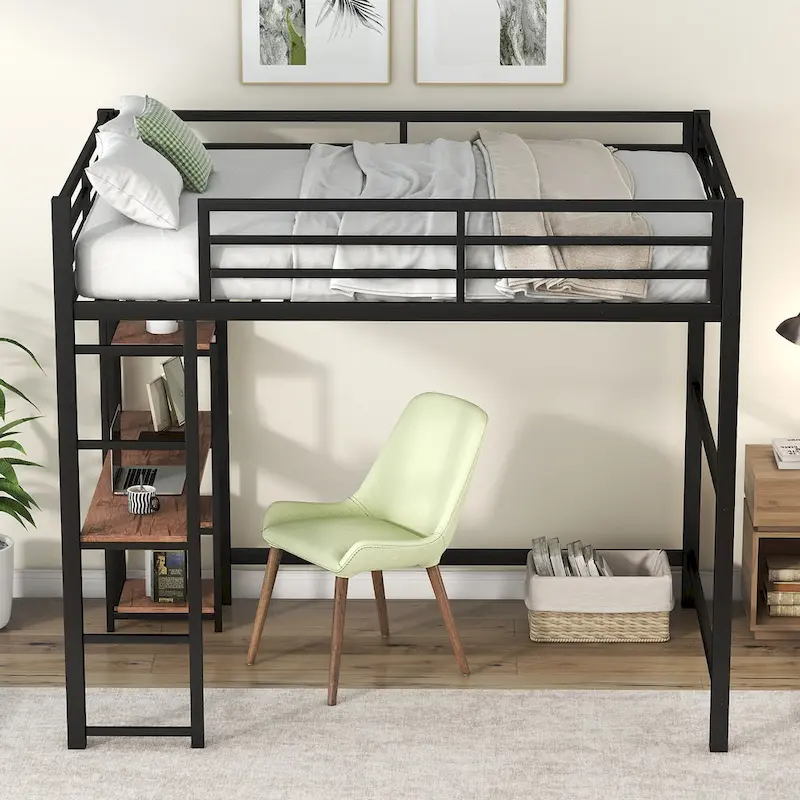 Black Full Size Metal Loft Bed with Built-in Desk and 4-Tier Storage Shelves
