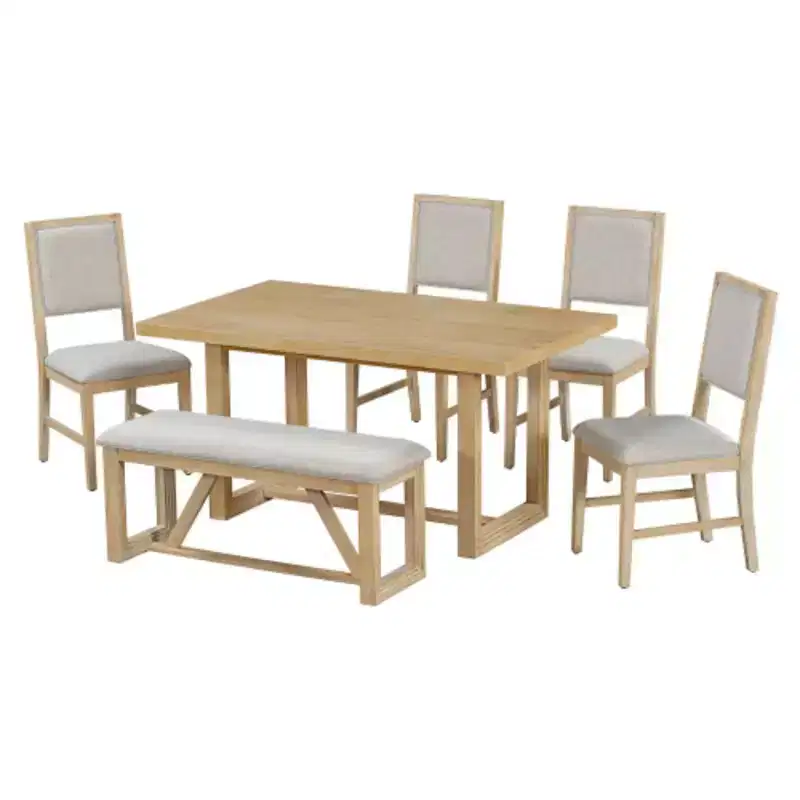 6-Piece Retro Dining Collection, Rectangular Table with Trestle Base and 4 Cushioned Chairs and 1 Bench, Ideal for Dining Rooms and Kitchens