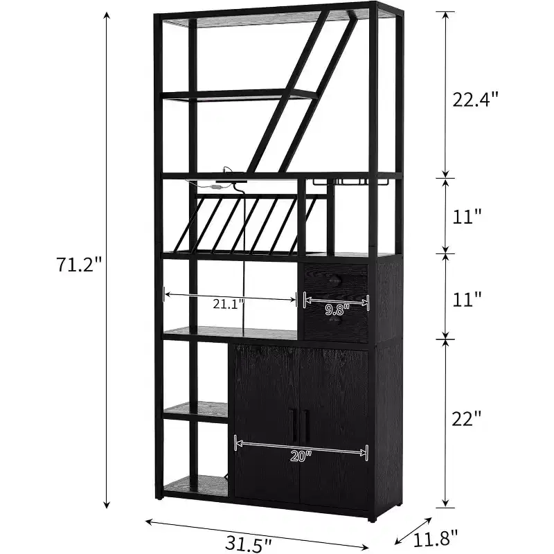 71.2in Tall Coffee Bar Station with Power Outlet, LED Light and Glass Holder, Wine Liquor Cabinet for Living Room, Microwave Stand Bakers Rack