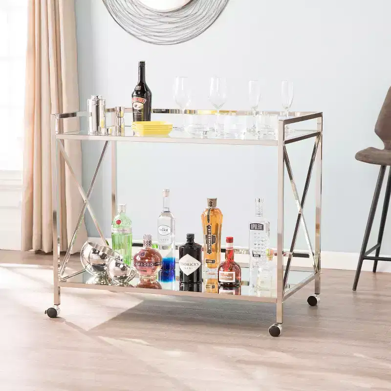 Two-Tier Bar Cart with Mirrored Shelves & Locking Wheels �C Silver & Charcoal