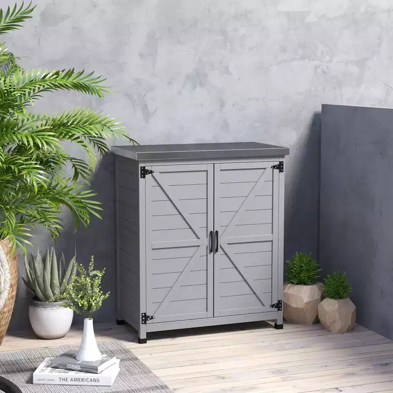 Outdoor Wooden Storage Cabinet & Prep Station with Metal Tabletop & Double Doors