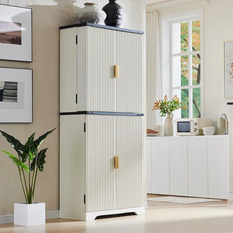 72 Tall Modern Fluted Pantry Cabinet, Storage Cabinet with 4 Doors
