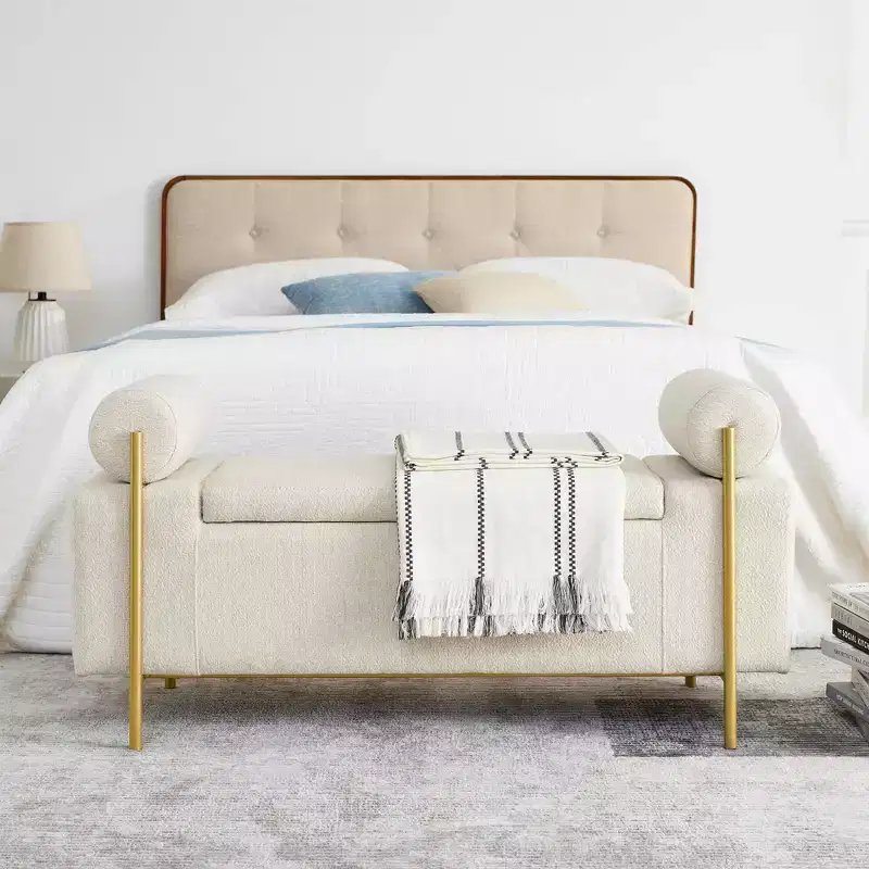 MAYEERTY Elegant Upholstered Line Storage Bench with Cylindrical Arms and Iron Legs for Hallway Living Room Bedroom Beige