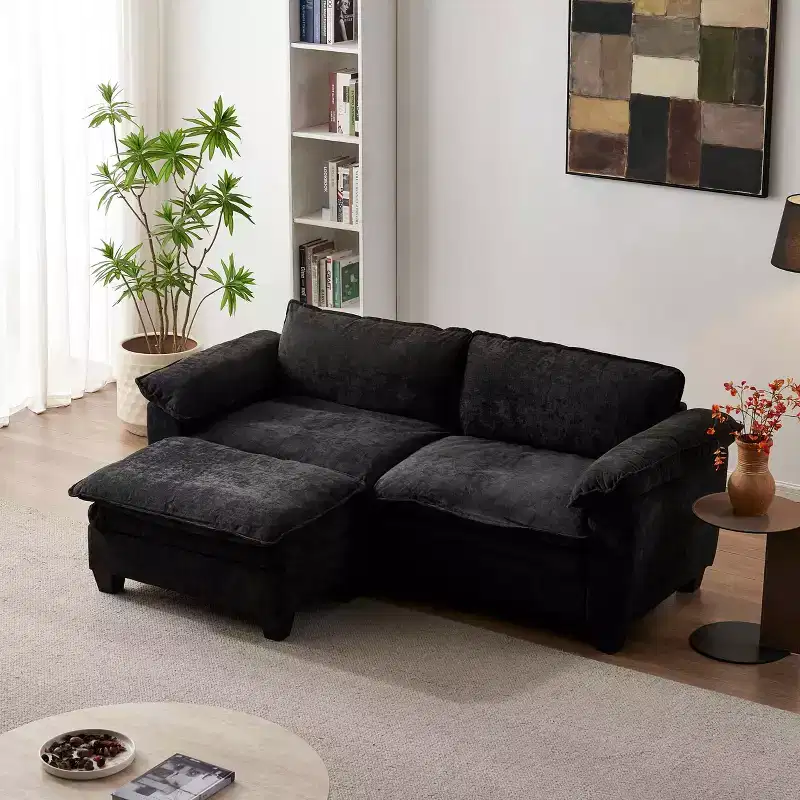 MAYEERTY Loveseat Luxury Sofa with Ottoman Soft Chenille Upholstered Sofa for Living Room Black