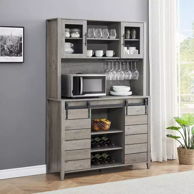 177,8 cm Farmhouse Coffee Bar Cabinet �C Sliding Barn Door, Wine Rack & Glass Holder, Gray
