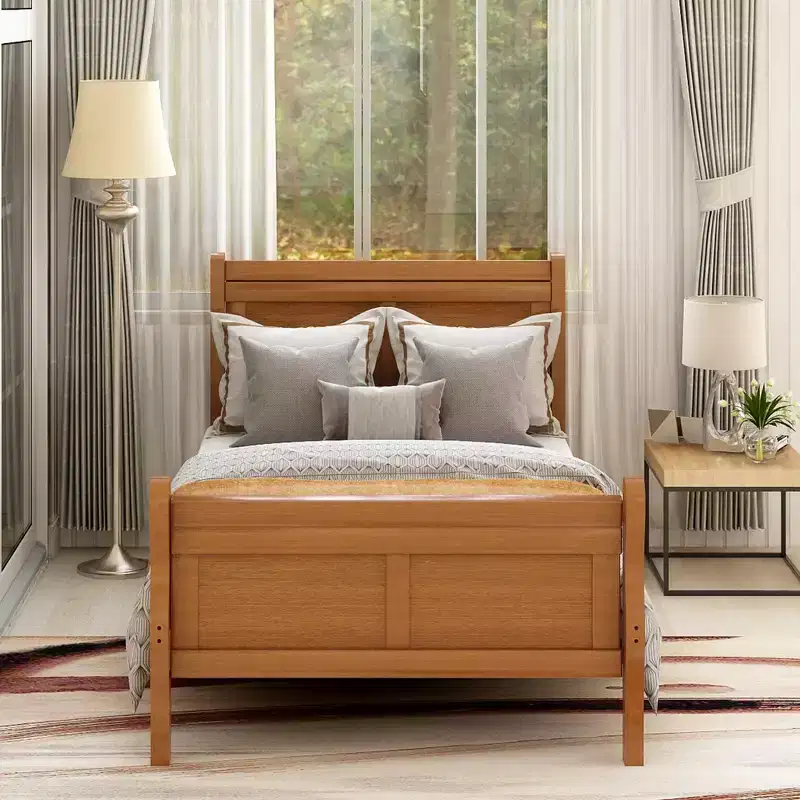 Oak / White Twin Platform Bed Frame with Headboard & Footboard, Solid Wood, for 1 Person