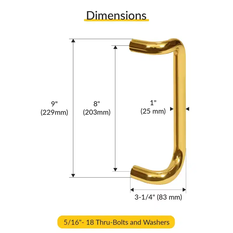 Brixwell 1SPL08BR Solid Offset Pull Handle, 8 Mounting Center To Center, Aluminum Material, Polished Brass Finish