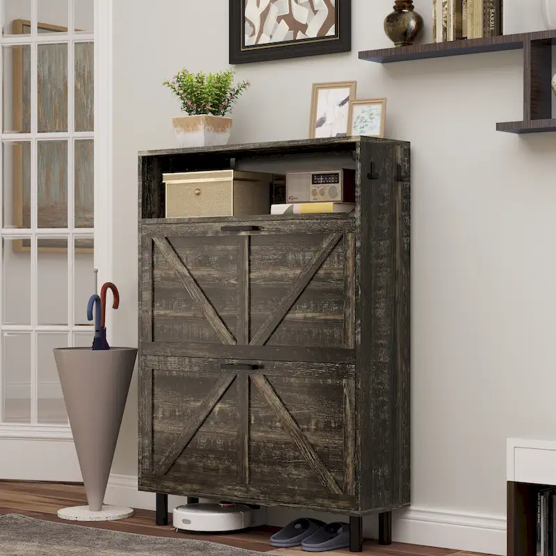 Farmhouse Shoe Storage Cabinet with Barn Door Design, Shoe Organizer with 2 Flip Drawers, Freestanding Narrow Shoe Rack Cabinet