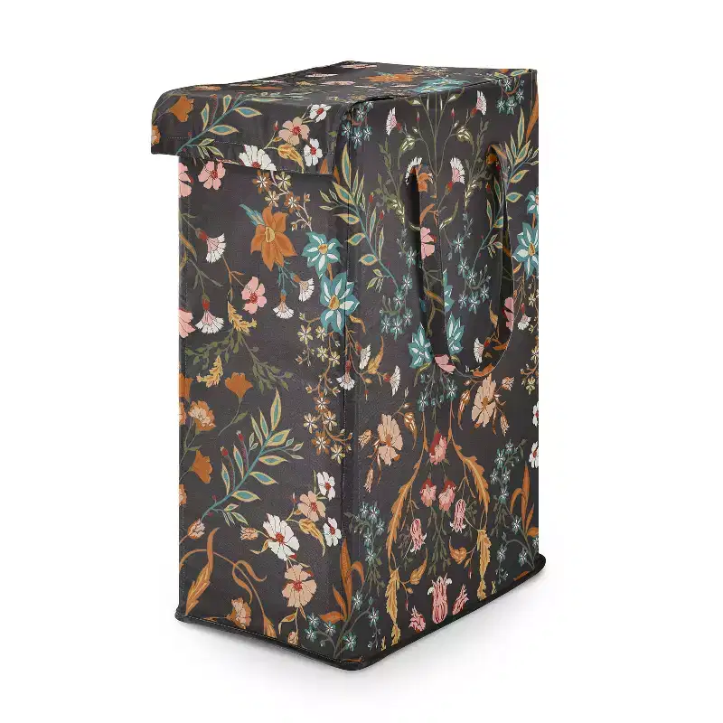Girl Foldable Laundry Hamper with Handles Boho Floral Wildflower Black and Orange