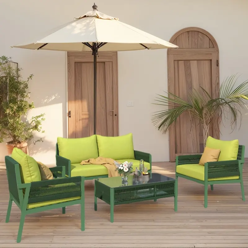 4-Piece Rope Outdoor Patio Furniture Set, Patio Conversation Set - 1Loveseat&1Table&2Chairs