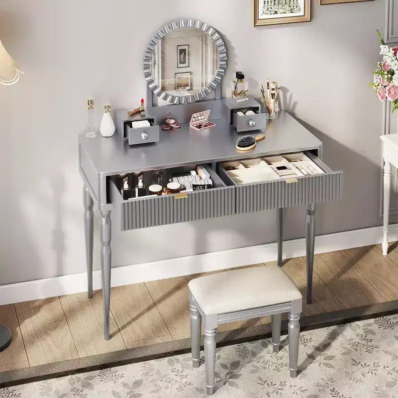 Okak Elegent Vanity Desk with Round Mirror, Height-Adjustable Makeup Vanity with Padding Stool, Vanity Table for Living Room, Silver