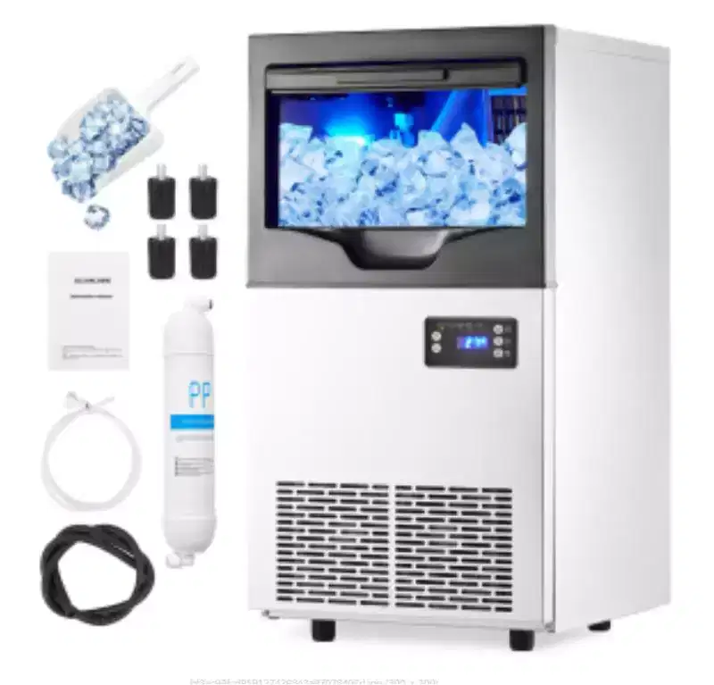 Commercial Ice Maker KN Series - Stainless Steel, 195W, 35kg/Day, 10kg Bin, 5X8--20mm Ice Cubes, KN-40 Button Panel, 110V, PioneerWorks