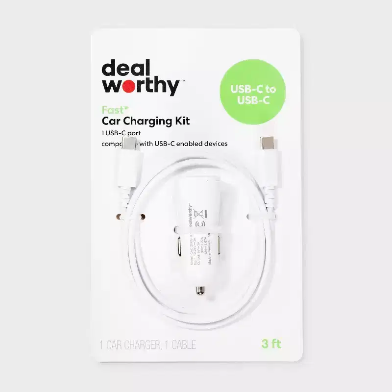 1-Port 20W Car Charger with 3' PVC USB-C to USB-C Cable - dealworthy™ White: Quick Charge & Short Circuit Protection