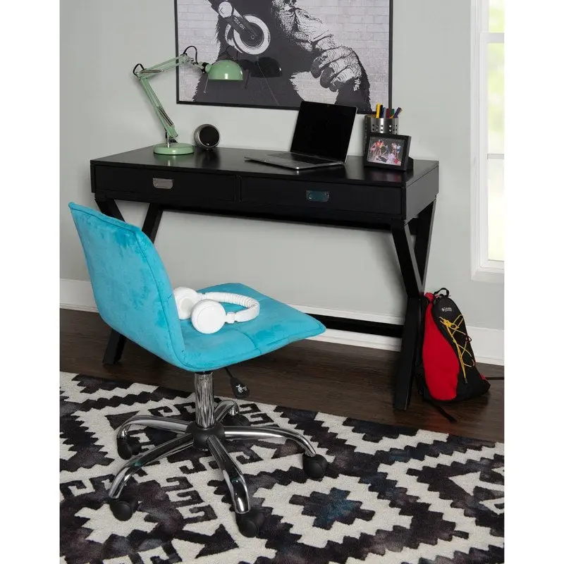 Black Campaign Writing Desk with X-Frame Legs and Two Drawers