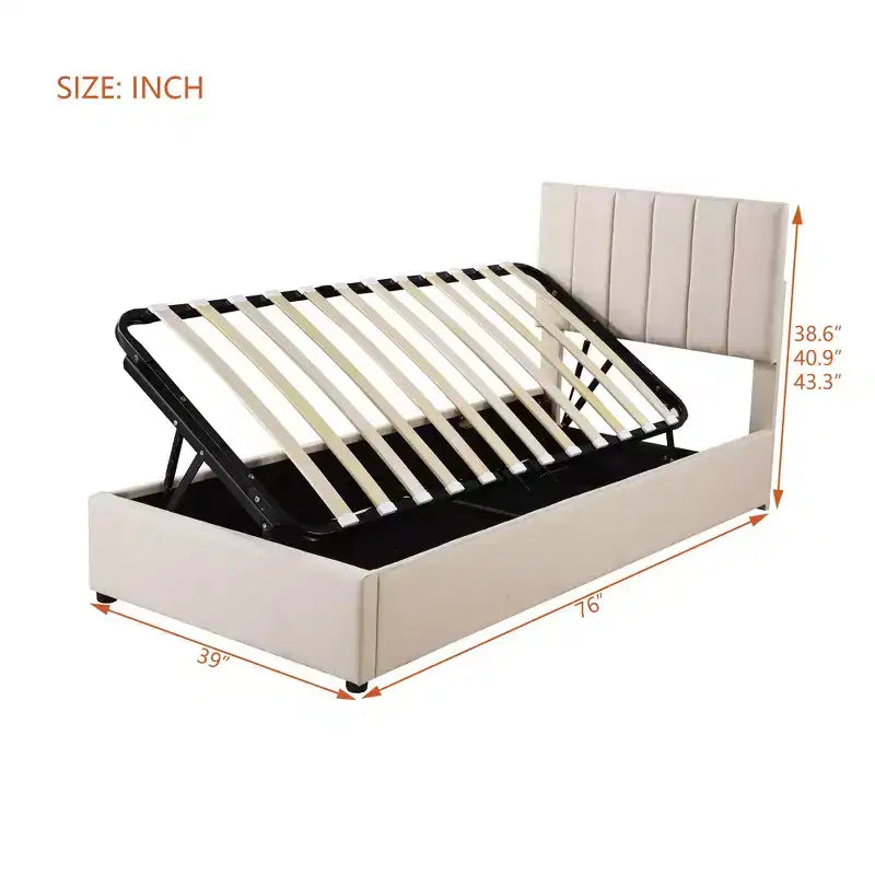 Bellemave Twin Size Lift Up Storage Bed,Upholstered Platform Bed with Hydraulic Storage System,Vertical Stripe Headboard,Beige