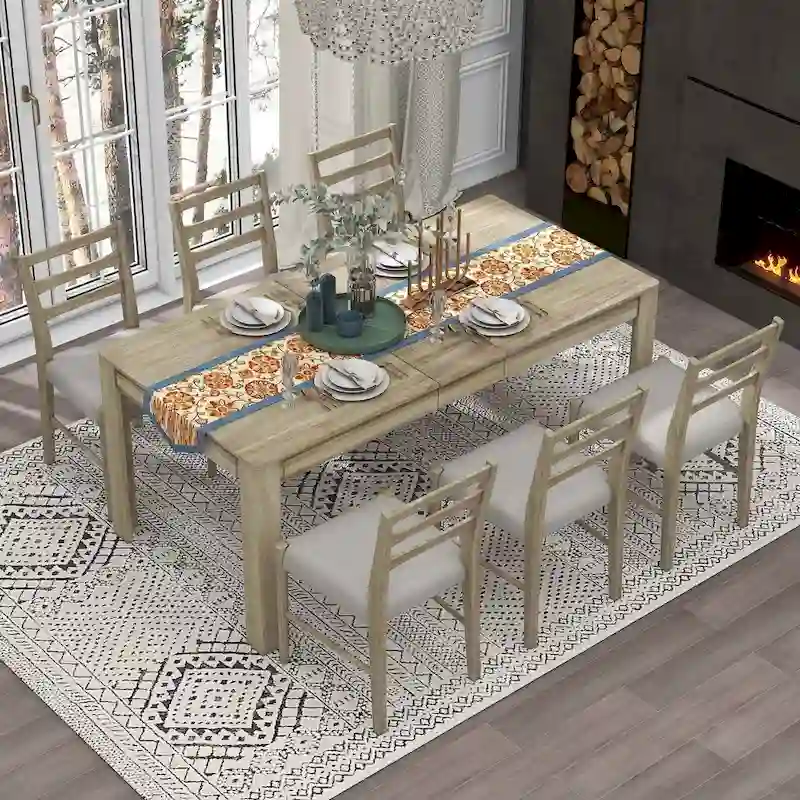 7 PCS Wooden Dining Table Set for 6 with Extendable Table