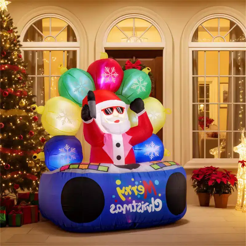 6ft Xmas Inflatable DJ Santa - RGB LED Orbs Music Mute Mode Stakes/Ropes Quick Setup Outdoor Party Decor