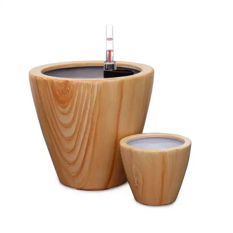 2-Pack Light Wood Self-Watering Planter Pot for Indoor Outdoor Use, Flower Pot with Reservoir, Drainage and Weather-Ready Design