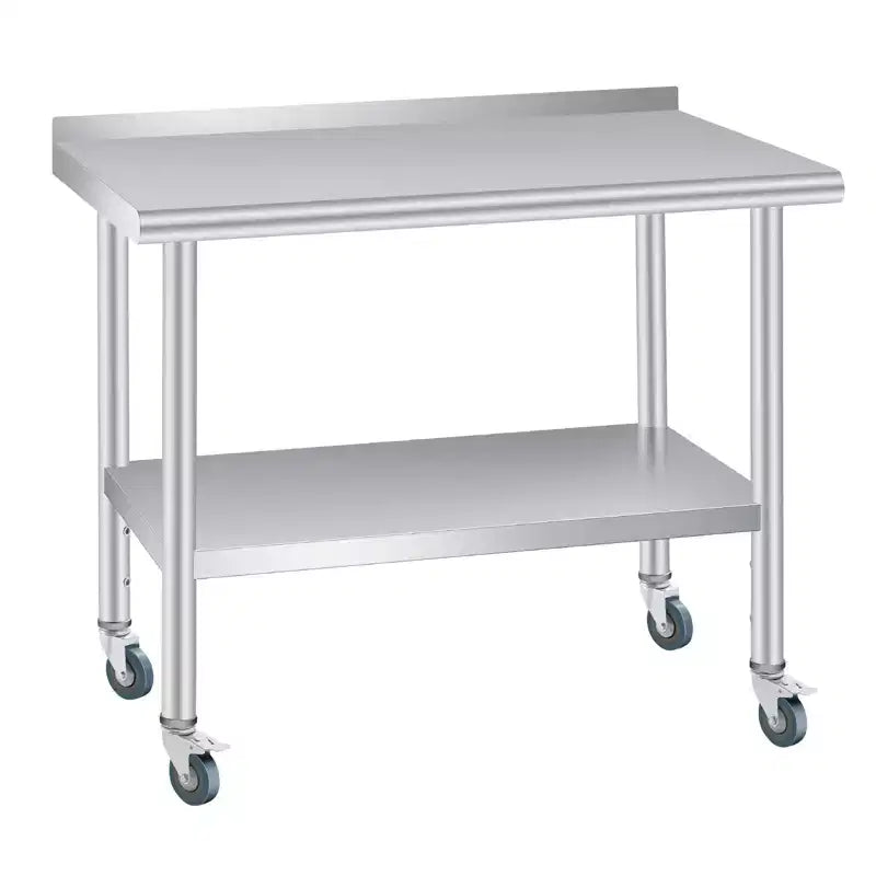 Stainless Steel Prep Table with Backsplash, Adjustable Undershelf and 4 Caster Wheels, Commercial Heavy Duty Table with Adjustable Under Shelf