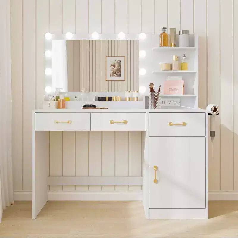 Makeup Vanity Desk with LED Mirror, 3 Drawers, 2 Cubbies, Cabinet and Open Shelves, White
