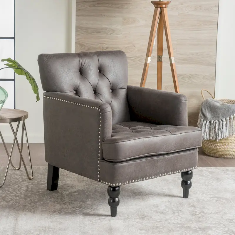 Button-Tufted Club Chair in Microfiber
