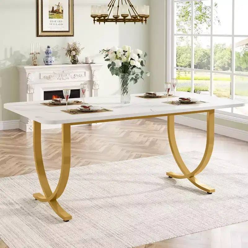 Lantine 63-Inch Rectangular Dining Table for 4-6, Modern Kitchen Table with Faux Marble Top and Metal Legs for Dining Room, Kitchen, White & Gold