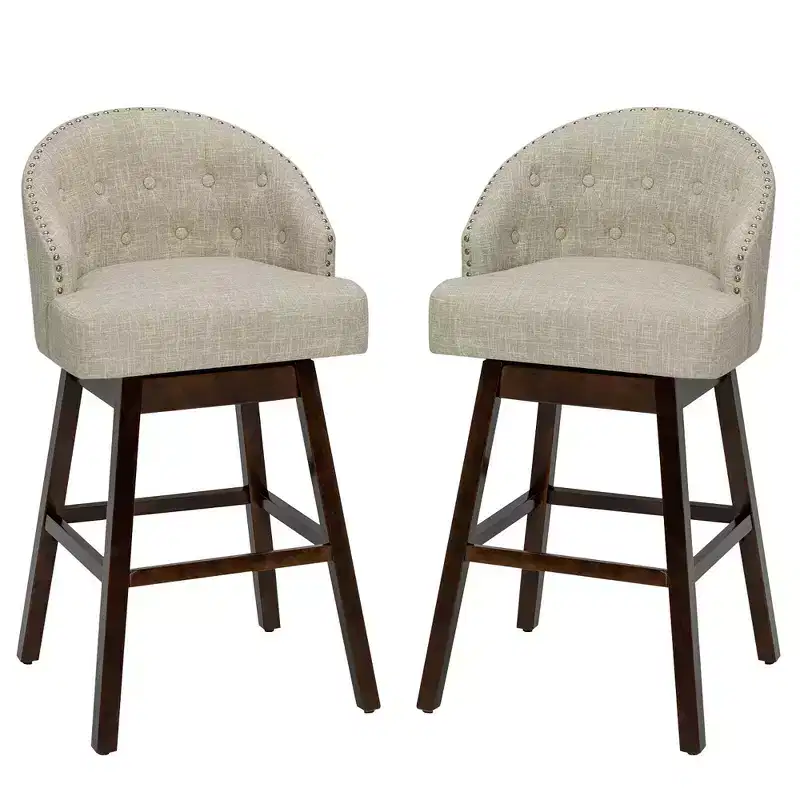 Costway Set of 2 Swivel Bar Stools Tufted Bar Height Pub Chairs w/ Rubber Wood Legs