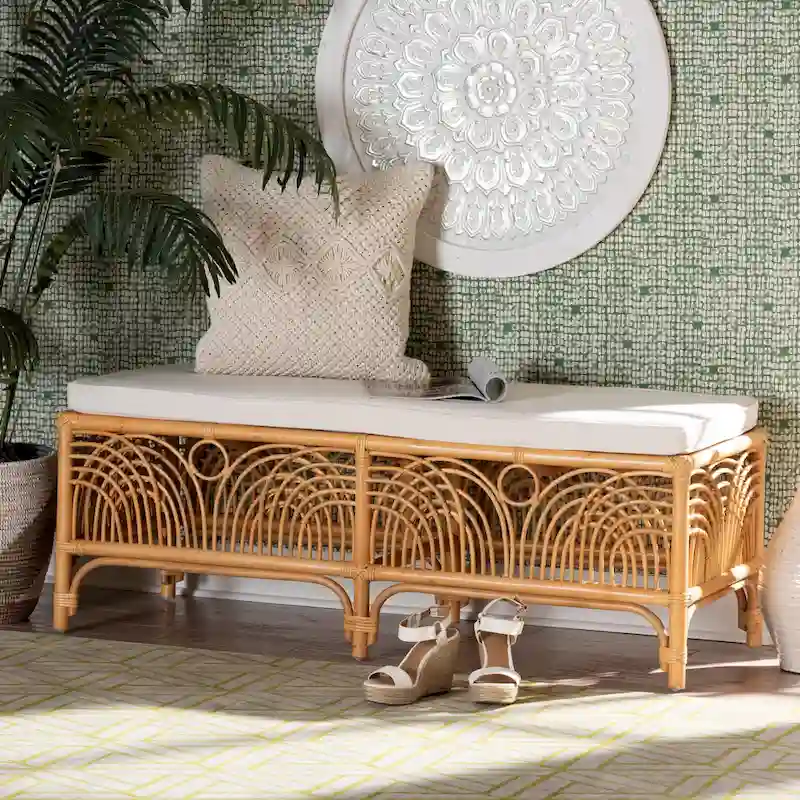 Bohemian Natural Rattan Bench with White Cushion Geometric Openwork Design