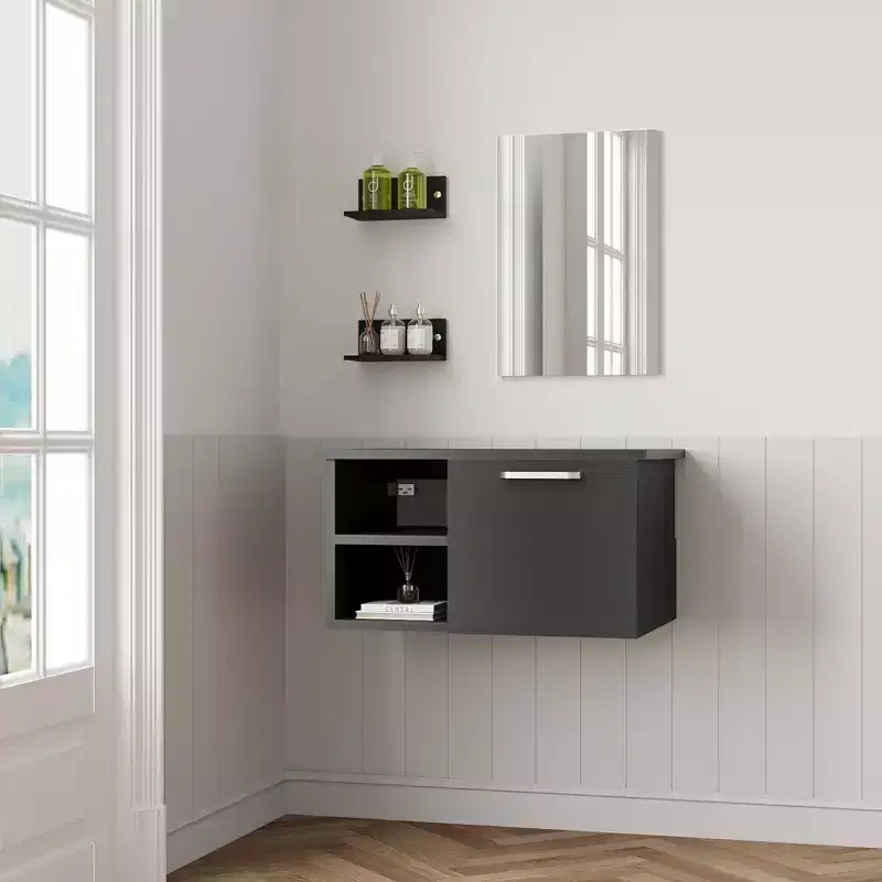 ELECWISH 28 in. W x 18.5 in. D x 16 in. H Bath Vanity Cabinet with Solid Surface Vanity Top with Mirror Set in Black