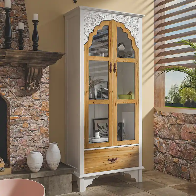 White Wood Display Cabinet Glass Doors Drawer Bohemian Farmhouse Style