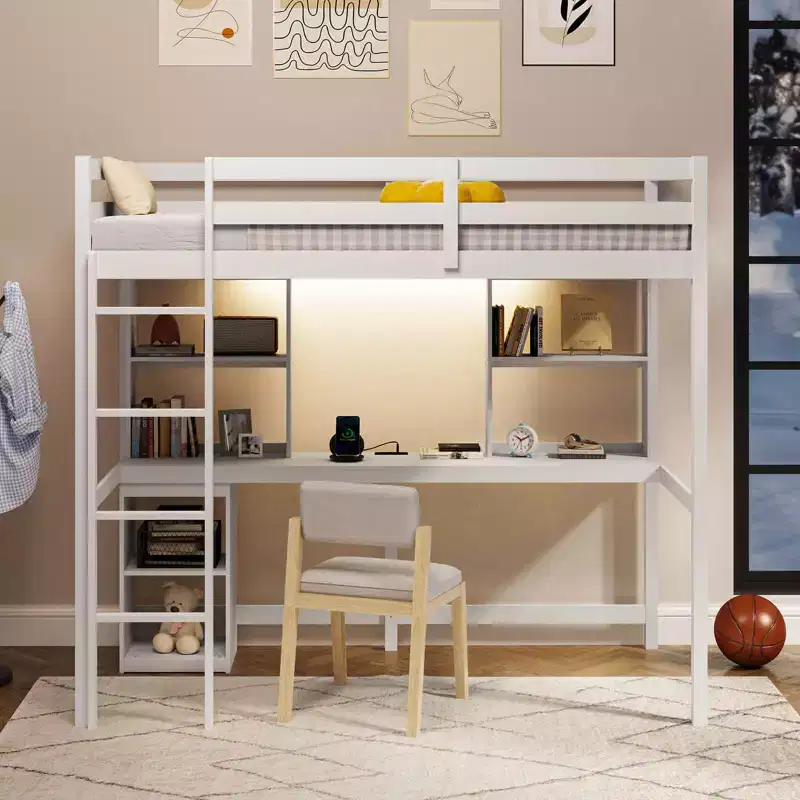 Twin Loft Bed with LED Light & Power Outlet, Desk, Storage Shelves & Cabinet