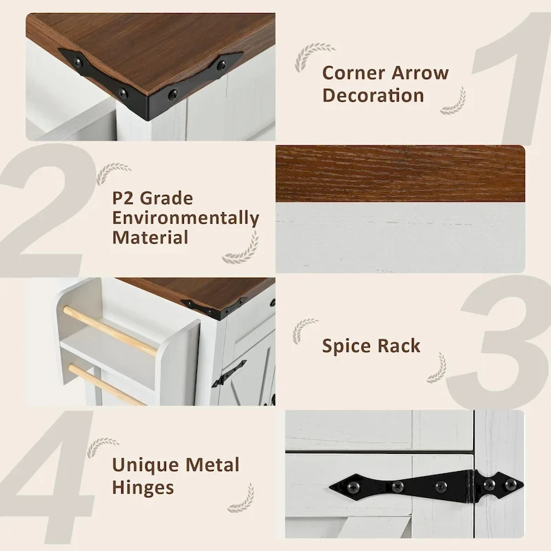 53.5FarmhouseKitchenIslandwithPowerOutlet,DropLeaf,SpiceRack,andDrawers,MobileStorageCartwithWheels
