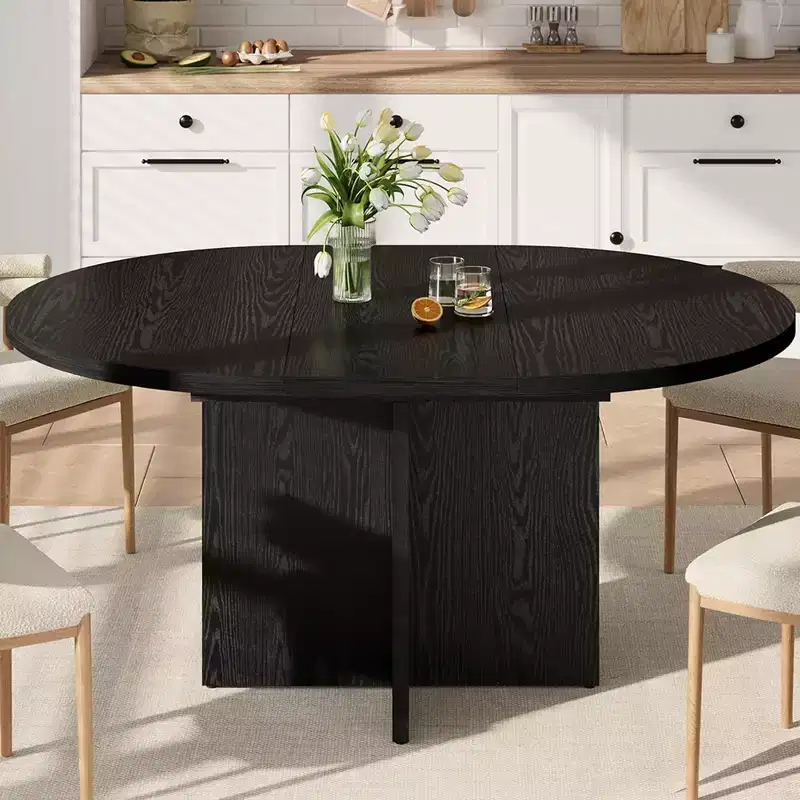 43.3''-59'' Extendable Round Dining Table for 4-8, Modern Kitchen Oval Dining Table with Removable Leaves, Dinner Table for Dining Room, Living Room